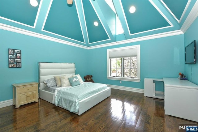 70 Oak Dr, Upper Saddle River, NJ 07458 - bedroom featuring ornamental molding, baseboards, lofted ceiling, and wood finished floors