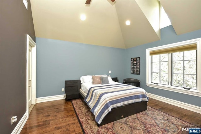 70 Oak Dr, Upper Saddle River, NJ 07458 - bedroom featuring wood finished floors, baseboards, ceiling fan, and high vaulted ceiling