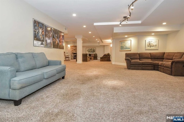 70 Oak Dr, Upper Saddle River, NJ 07458 - living room with decorative columns, carpet floors, recessed lighting, track lighting, and baseboards