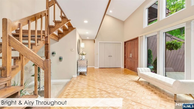 108 Buckhaven Hl, Upper Saddle River, NJ 07458 - foyer featuring a high ceiling, baseboards, stairs, and recessed lighting