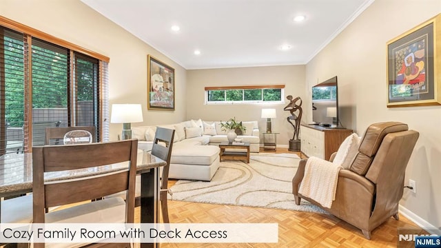 108 Buckhaven Hl, Upper Saddle River, NJ 07458 - living room featuring ornamental molding, baseboards, and recessed lighting