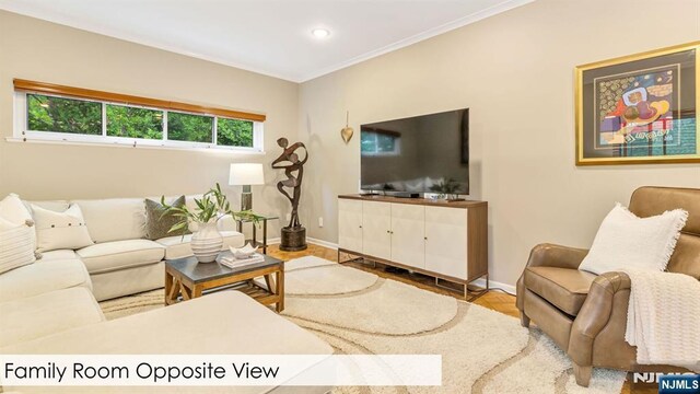 108 Buckhaven Hl, Upper Saddle River, NJ 07458 - living room featuring baseboards, crown molding, recessed lighting, and wood finished floors