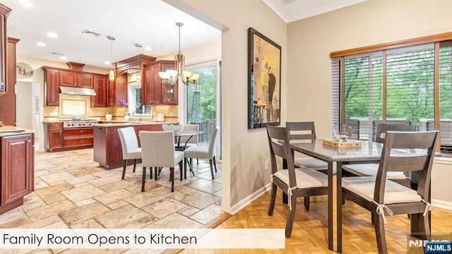 108 Buckhaven Hl, Upper Saddle River, NJ 07458 - dining space with a chandelier, baseboards, ornamental molding, and recessed lighting