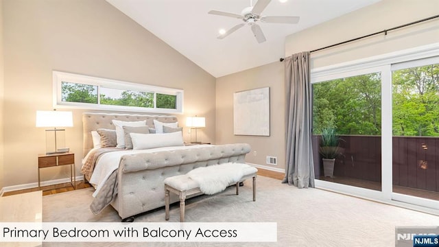 108 Buckhaven Hl, Upper Saddle River, NJ 07458 - bedroom with access to exterior, high vaulted ceiling, baseboards, multiple windows, and ceiling fan