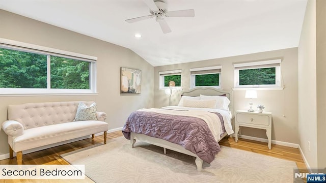 108 Buckhaven Hl, Upper Saddle River, NJ 07458 - bedroom with baseboards, vaulted ceiling, wood finished floors, recessed lighting, and ceiling fan