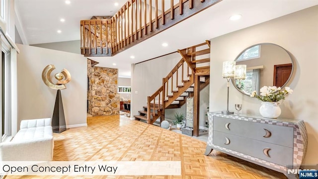 108 Buckhaven Hl, Upper Saddle River, NJ 07458 - entryway featuring a towering ceiling, stairs, healthy amount of natural light, and recessed lighting