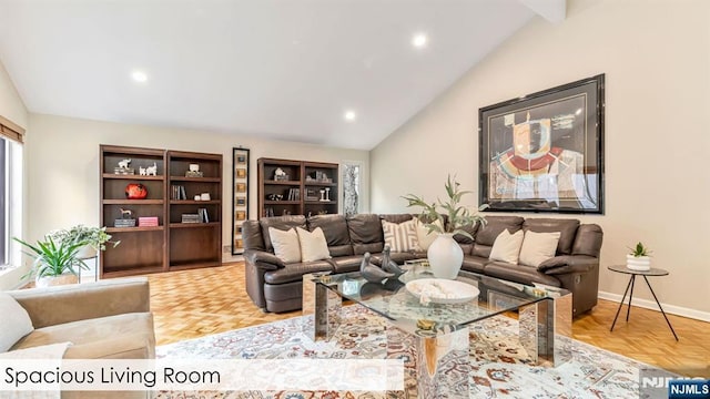 108 Buckhaven Hl, Upper Saddle River, NJ 07458 - living area with lofted ceiling, baseboards, and recessed lighting