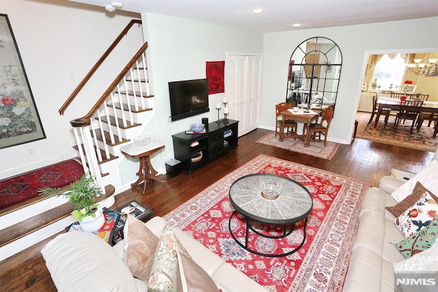 927 Commonwealth Dr Unit 4, Teaneck, NJ 07666 - living area featuring stairway, hardwood / wood-style flooring, recessed lighting, a chandelier, and baseboards