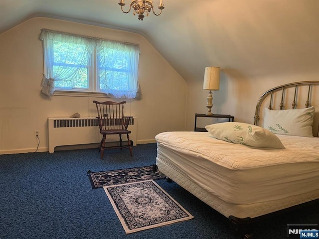 384 Audubon Rd, Englewood, NJ 07631 - bedroom with radiator, lofted ceiling, carpet floors, baseboards, and a chandelier