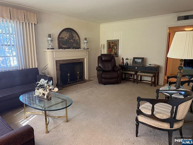 384 Audubon Rd, Englewood, NJ 07631 - carpeted living area featuring ornamental molding and a brick fireplace