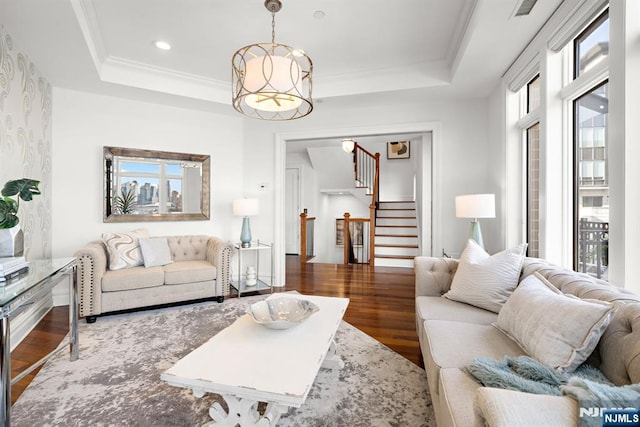 1 Oxford Lndg Unit 1, Weehawken, NJ 07086 - living area featuring wood finished floors, stairs, a chandelier, a tray ceiling, and recessed lighting