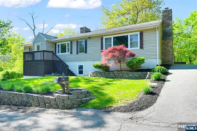 1 Norwood Rd, West Milford, NJ 07421 - ranch-style home featuring a chimney, stairs, and a front yard