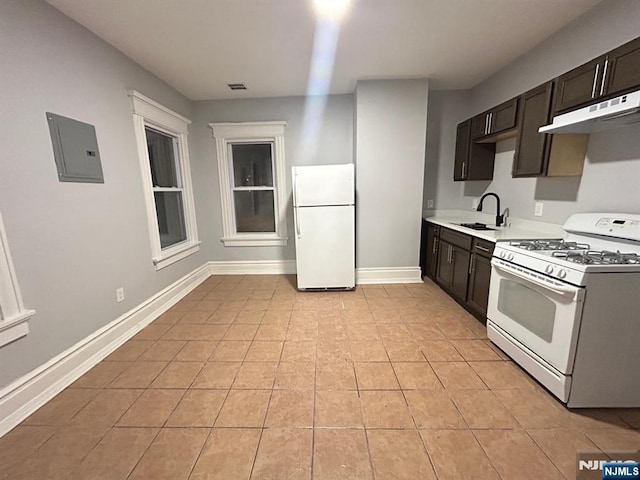 257 New St, Orange, NJ 07050 - kitchen with white appliances, under cabinet range hood, electric panel, a sink, and light tile patterned flooring