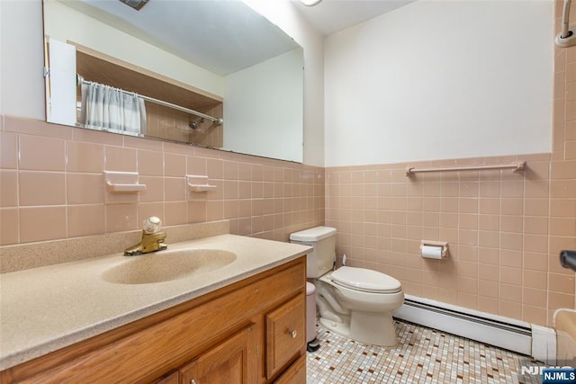 bathroom featuring baseboard heating, tile walls, tile patterned floors, toilet, and a shower with curtain