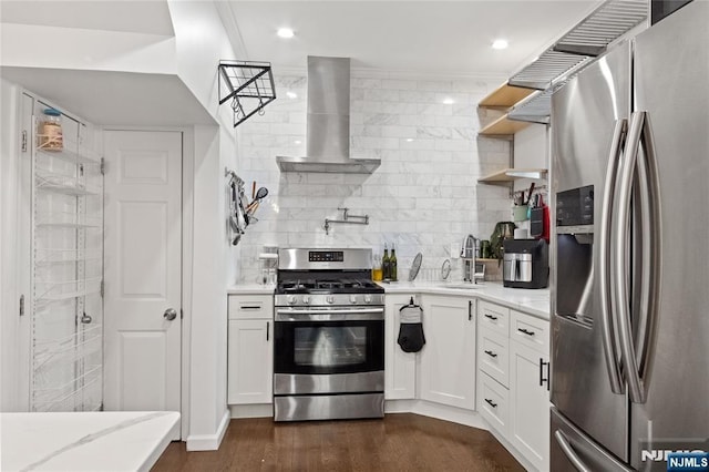 238 Milford Ave, New Milford, NJ 07646 - kitchen with stainless steel appliances, wall chimney exhaust hood, a sink, open shelves, and light stone countertops