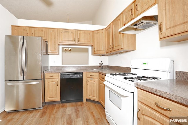 398 Poets Way Unit 398, Mahwah, NJ 07430 - kitchen with dishwasher, freestanding refrigerator, gas range gas stove, light wood-type flooring, and under cabinet range hood