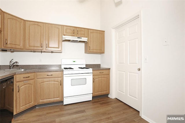 398 Poets Way Unit 398, Mahwah, NJ 07430 - kitchen featuring white gas stove, under cabinet range hood, dishwasher, a sink, and light brown cabinetry