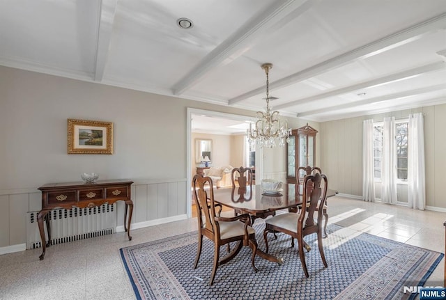 32 Brookside Dr, Upper Saddle River, NJ 07458 - dining room with a decorative wall, radiator heating unit, a chandelier, beamed ceiling, and a wainscoted wall