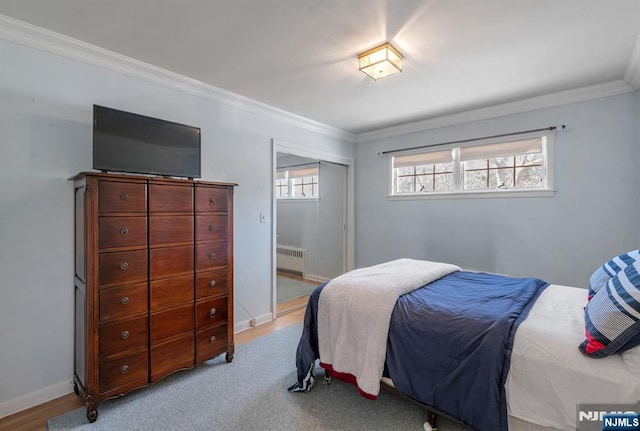 32 Brookside Dr, Upper Saddle River, NJ 07458 - bedroom with radiator heating unit, ornamental molding, a closet, baseboards, and wood finished floors