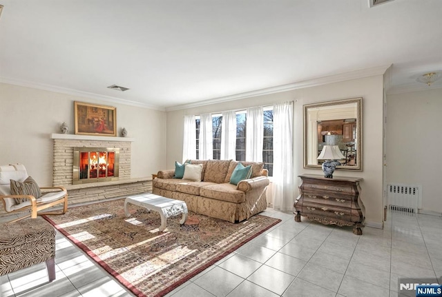 32 Brookside Dr, Upper Saddle River, NJ 07458 - living area with radiator heating unit, crown molding, a warm lit fireplace, and light tile patterned flooring