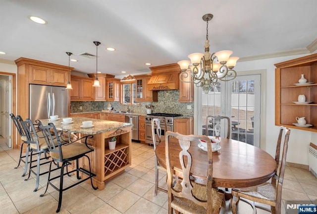 32 Brookside Dr, Upper Saddle River, NJ 07458 - dining space featuring light tile patterned floors, a chandelier, crown molding, recessed lighting, and baseboards