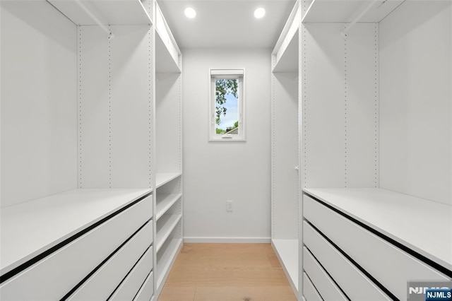 walk in closet with light wood finished floors