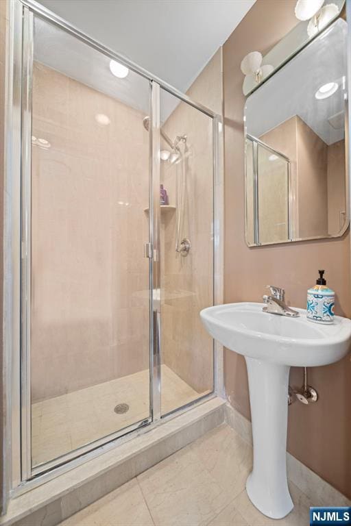 bathroom with a shower stall and a sink