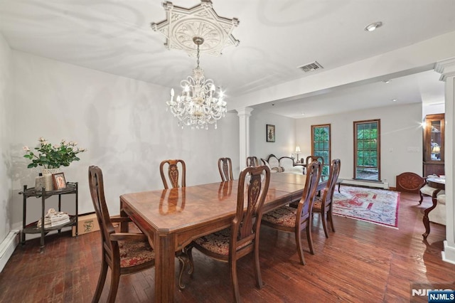 41-21 Dunkerhook Rd, Fair Lawn, NJ 07410 - dining space with a chandelier, wood-type flooring, decorative columns, and recessed lighting