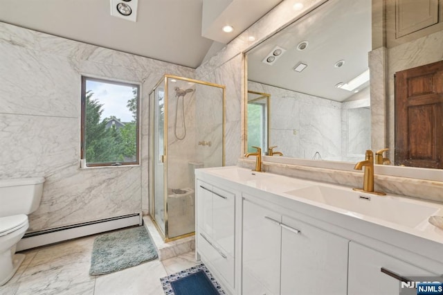 41-21 Dunkerhook Rd, Fair Lawn, NJ 07410 - full bathroom featuring baseboard heating, tile walls, toilet, marble finish floors, and a shower stall