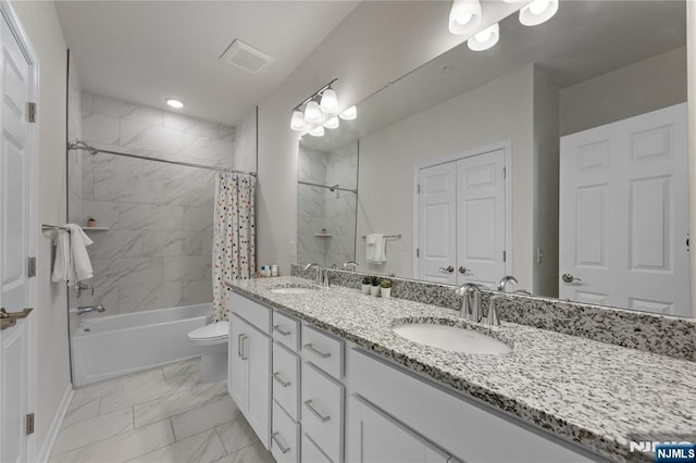 11 Arnold Dr, Wood Ridge, NJ 07075 - full bathroom featuring marble look tiles, shower / bath combo with shower curtain, toilet, double vanity, and recessed lighting