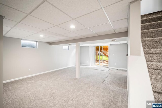 132 Hiawatha Blvd, Oakland, NJ 07436 - basement featuring carpet floors, stairs, recessed lighting, baseboards, and a drop ceiling
