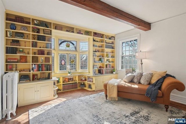 living area featuring beamed ceiling and radiator heating unit