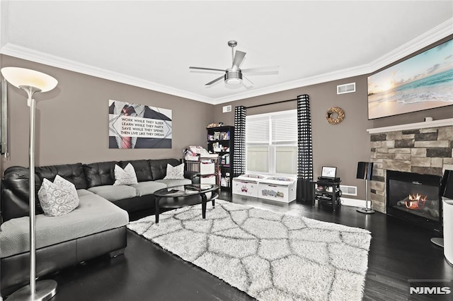 9 Summit Ave, Butler Borough, NJ 07405 - living area with crown molding, ceiling fan, dark wood-type flooring, a fireplace, and baseboards