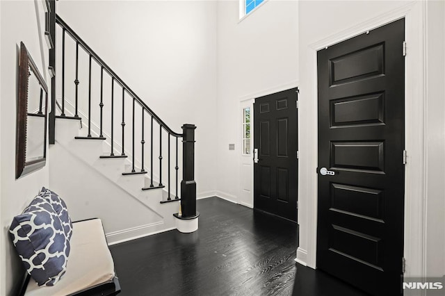 9 Summit Ave, Butler Borough, NJ 07405 - entryway featuring baseboards, dark wood-style flooring, a high ceiling, and stairway