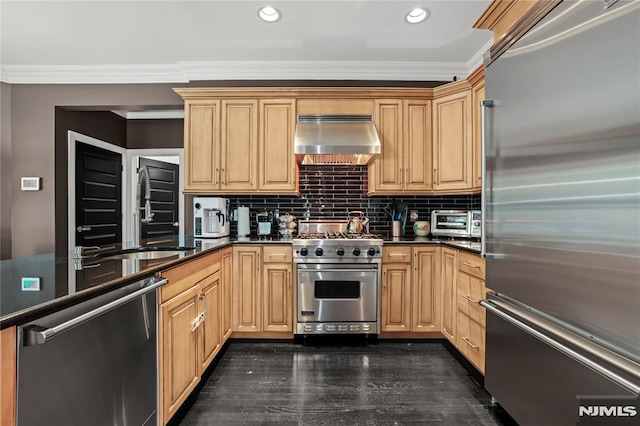 9 Summit Ave, Butler Borough, NJ 07405 - kitchen featuring high end appliances, a sink, under cabinet range hood, tasteful backsplash, and recessed lighting