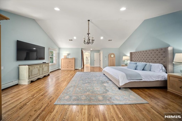 17 Sunset Ln, Upper Saddle River, NJ 07458 - bedroom with vaulted ceiling, a baseboard radiator, light wood-type flooring, a chandelier, and recessed lighting