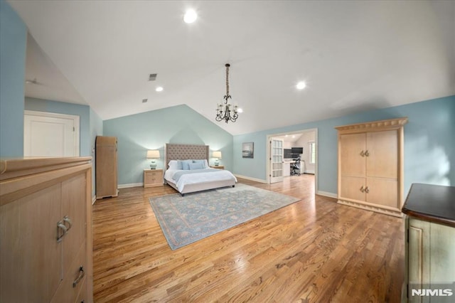 17 Sunset Ln, Upper Saddle River, NJ 07458 - bedroom featuring lofted ceiling, baseboards, light wood finished floors, a chandelier, and recessed lighting