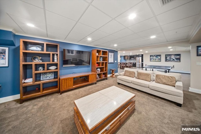 17 Sunset Ln, Upper Saddle River, NJ 07458 - living room with carpet, baseboards, ornamental molding, and recessed lighting