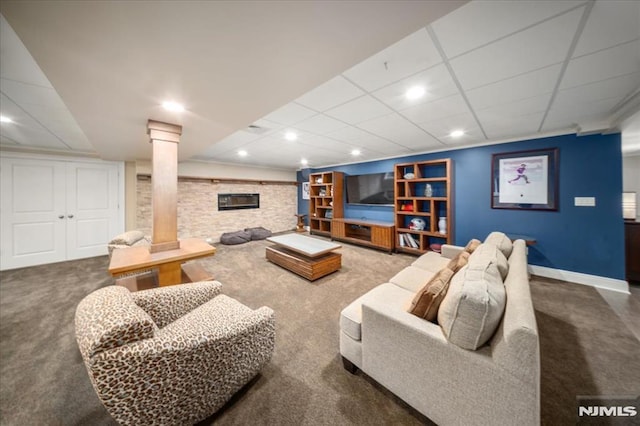 17 Sunset Ln, Upper Saddle River, NJ 07458 - living room featuring carpet floors, recessed lighting, baseboards, and built in shelves