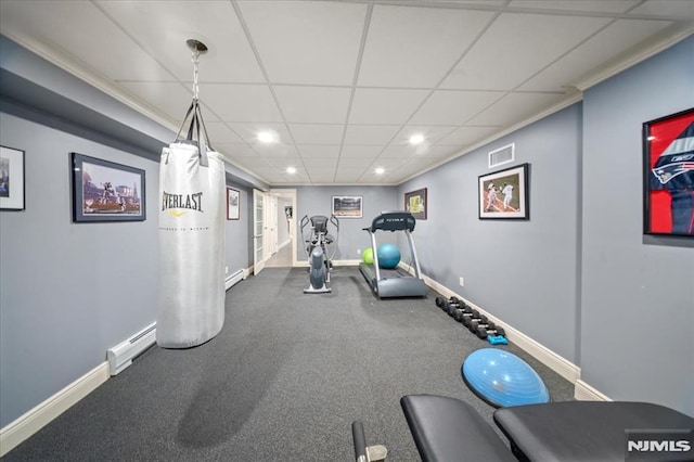 17 Sunset Ln, Upper Saddle River, NJ 07458 - workout area with a baseboard heating unit, baseboards, recessed lighting, and a drop ceiling