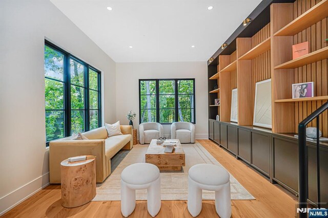 living area featuring healthy amount of natural light, light wood-style floors, baseboards, and recessed lighting