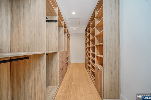 walk in closet featuring attic access and light wood-style floors