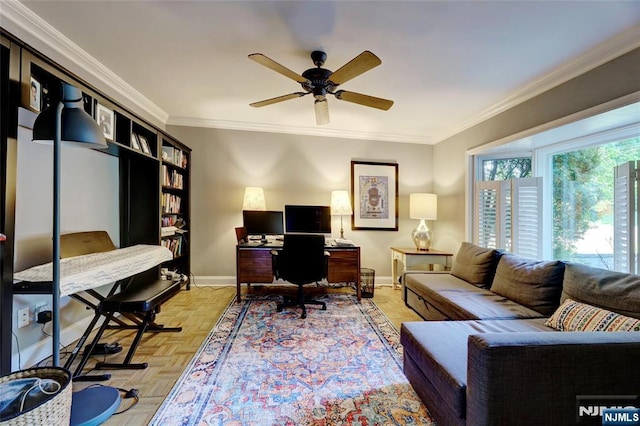 155 W Clinton Ave, Tenafly, NJ 07670 - office with a ceiling fan, ornamental molding, and baseboards