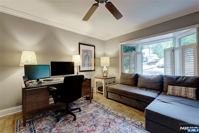 155 W Clinton Ave, Tenafly, NJ 07670 - office area featuring ceiling fan, ornamental molding, and baseboards