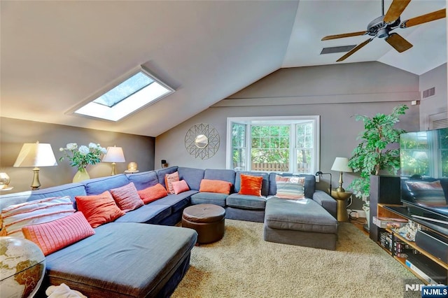 155 W Clinton Ave, Tenafly, NJ 07670 - living room with a skylight, vaulted ceiling, and a ceiling fan