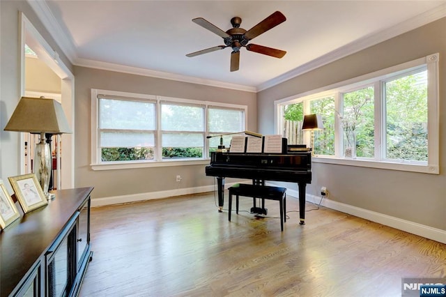 155 W Clinton Ave, Tenafly, NJ 07670 - living area featuring a ceiling fan, light wood-style flooring, baseboards, and ornamental molding