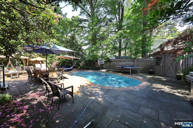 155 W Clinton Ave, Tenafly, NJ 07670 - view of swimming pool featuring a patio area, a fenced backyard, and a trampoline