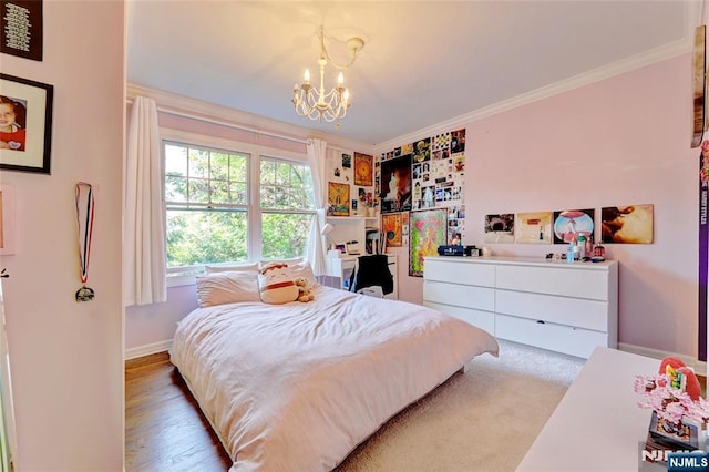 155 W Clinton Ave, Tenafly, NJ 07670 - bedroom featuring ornamental molding, a chandelier, baseboards, and light wood-style flooring