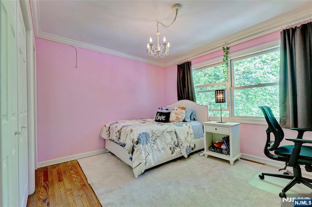 155 W Clinton Ave, Tenafly, NJ 07670 - bedroom featuring a chandelier, multiple windows, baseboards, and crown molding