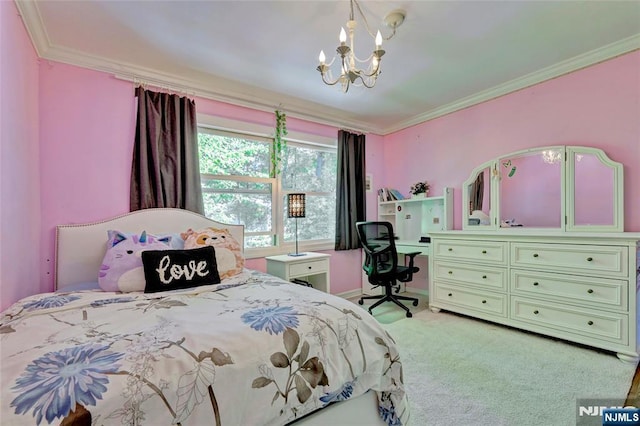 155 W Clinton Ave, Tenafly, NJ 07670 - bedroom with crown molding, light carpet, a chandelier, and baseboards